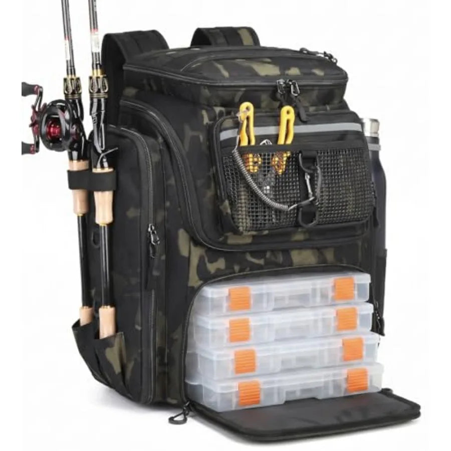 Fishing Backpack 45L Water Resistant Gear Bag with Rod Holders and Large Capacity for Travel and Outdoor Use