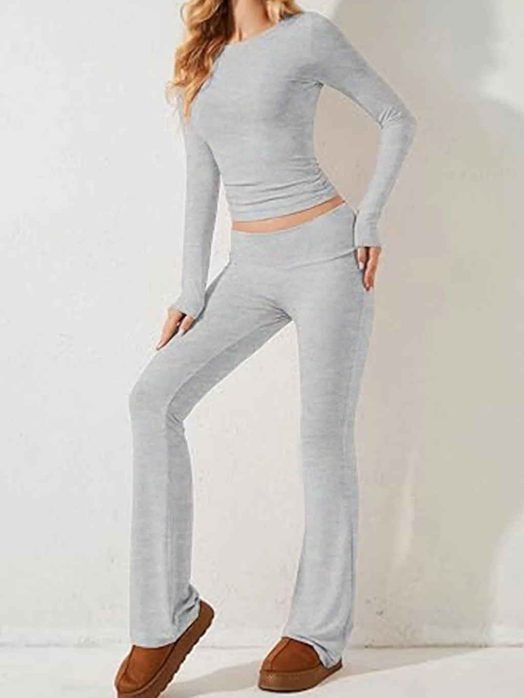 Women’s Casual Long Sleeve Knitted Pants Set Pure Color Slim Fit Spring Summer Fashionable Commute Style Ladies Suit