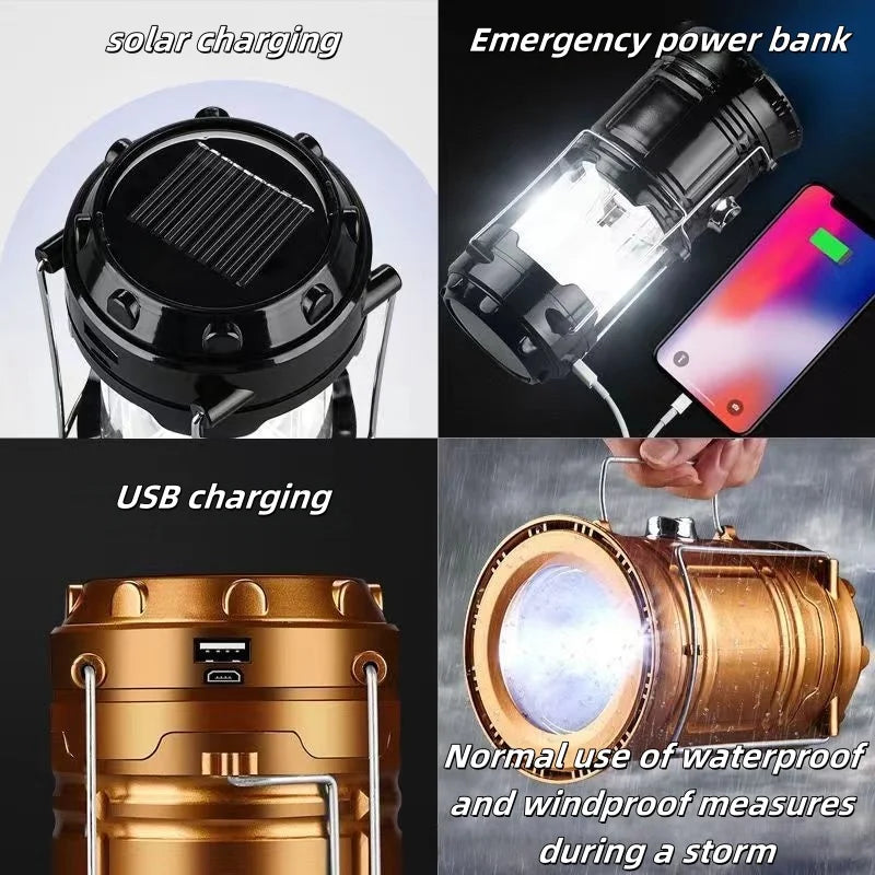 Solar Camping Lamp Portable Telescopic USB Rechargeable Lantern Flashlight Emergency Hanging Lamp Waterproof Outdoor Light