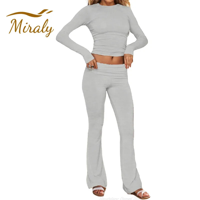 Women’s 2 Piece Lounge Set Fold Over Flare Pants and Cropped Top Slim Fit Casual Pajama Outfit