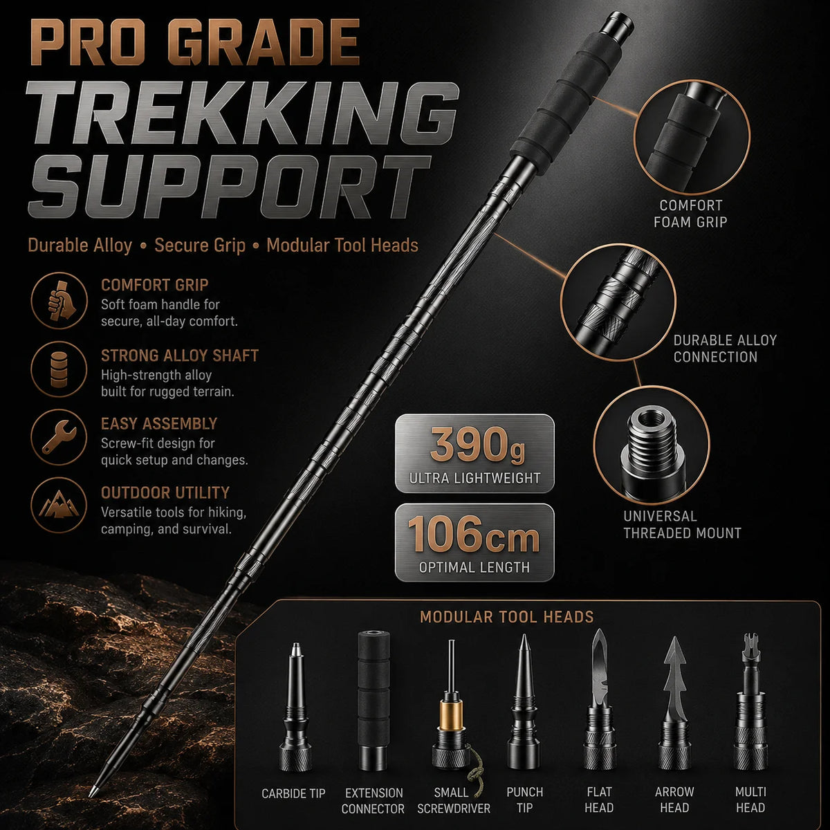 Adjustable 106cm Outdoor Walking Stick Telescopic Lightweight Trekking Pole with Non Slip Comfort Grip for Hiking Camping Travel and Daily Walking