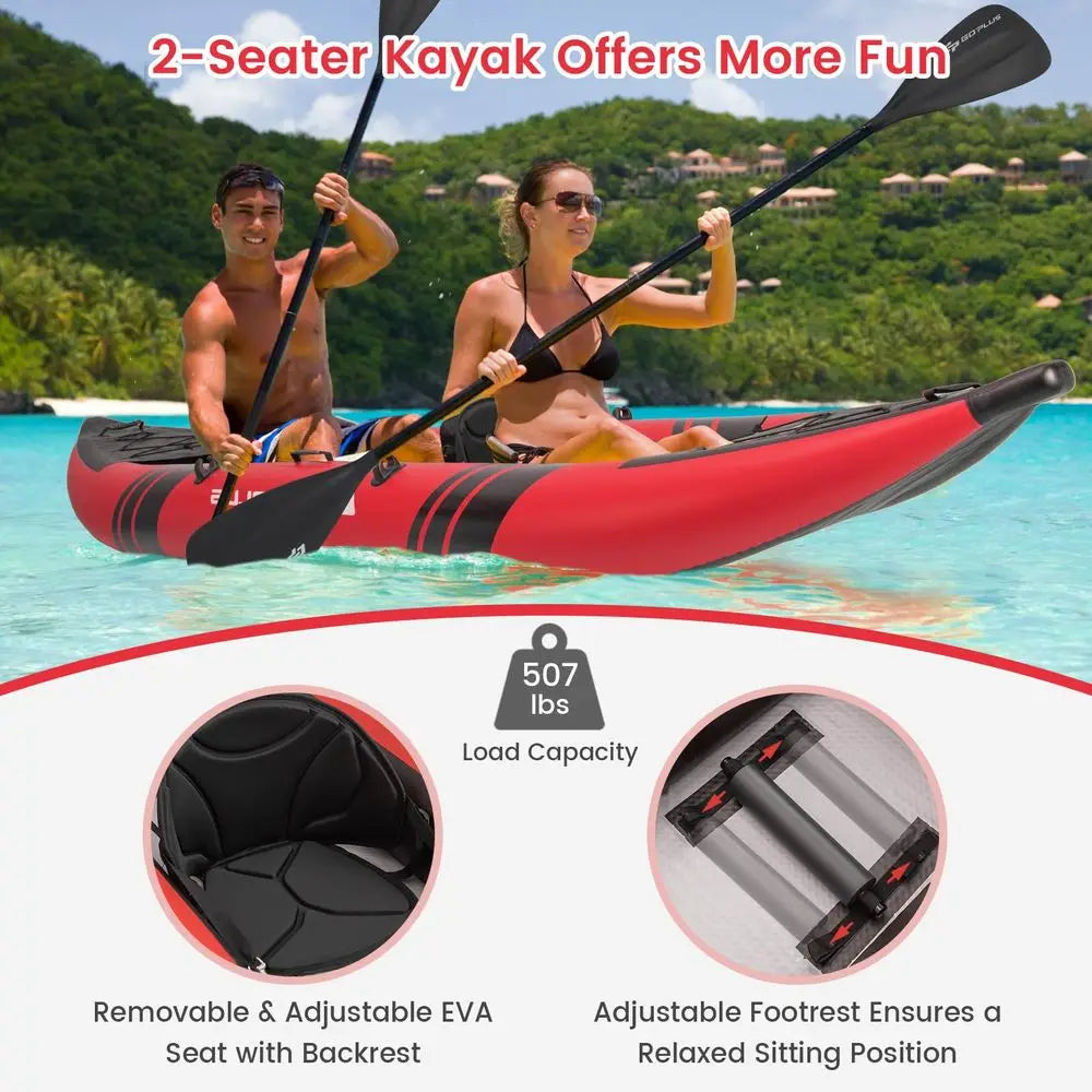 Tandem Inflatable Kayak 12.5FT 2‑Person Kayak for Adults 507 lbs Capacity with Aluminium Oars Padded Seat 2 Fins and Hand Pump