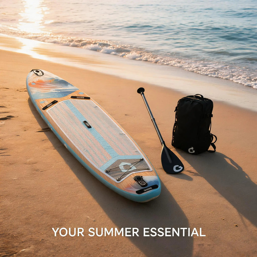 Inflatable Stand Up Paddle Board with Stable Non‑Slip EVA Deck, Gradient Light Wood‑Grain Design, Tri‑Fin System, High Weight Capacity, and Complete Kit with Paddle, Backpack, and Pump