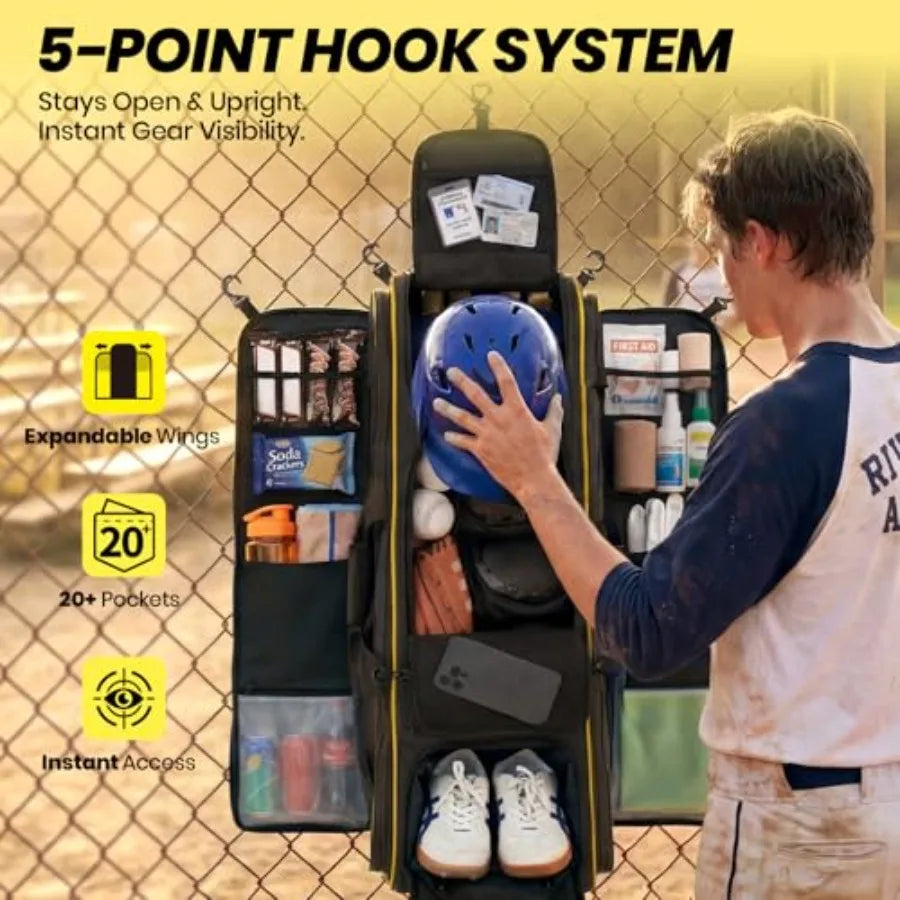 100L Rolling Baseball Catchers Gear Bag Large Softball Equipment Duffle with Wheels Locker Style Organizer with 5 Fence Hooks