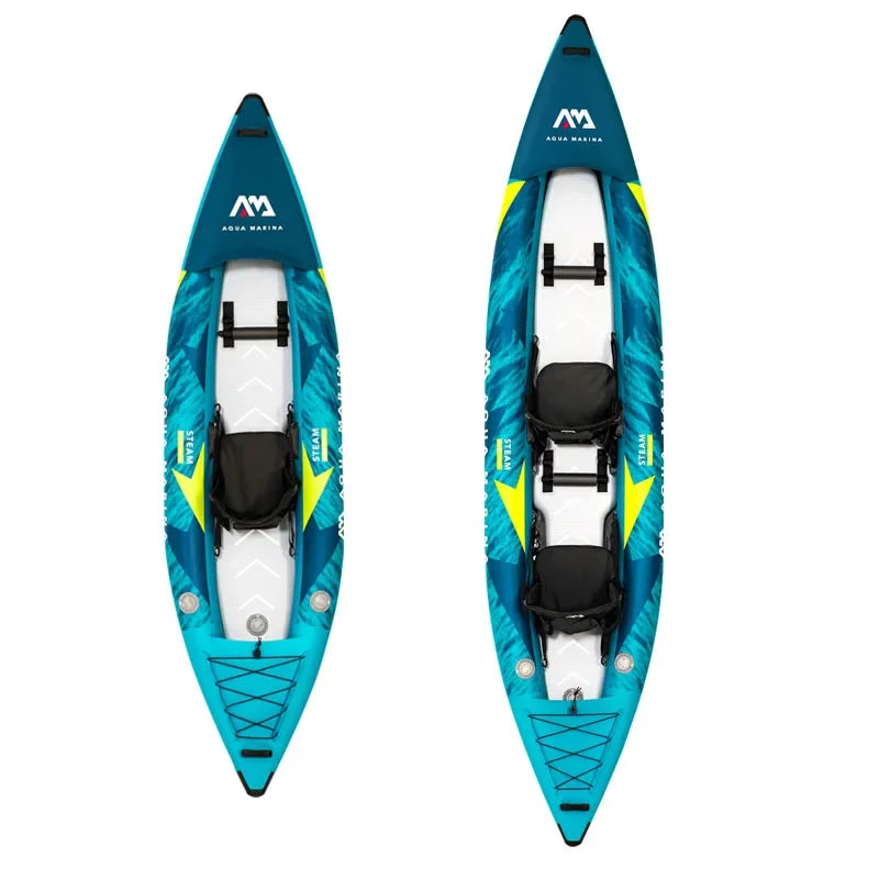 STEAM Aqua Marina Kayak 2025 Upgraded Printing Pattern Reinforced PVC Drop‑Stitch Floor V‑Shape Keel High‑Back Seat Fins and Footrest, Single or Tandem