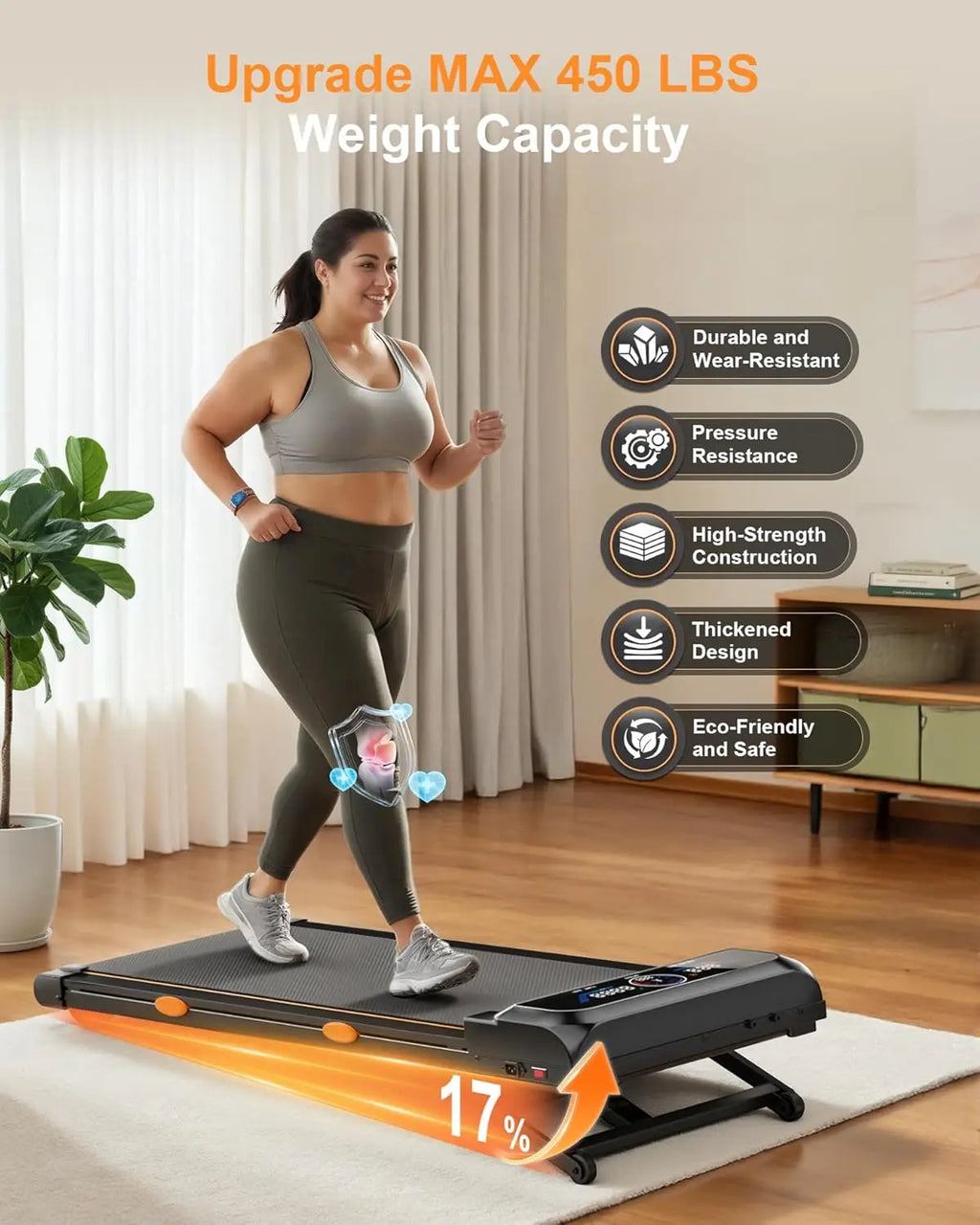 3.5HP Walking Pad Treadmill with 17 Percent Auto Incline, 12 Levels, 450 lb Capacity, RGB UI Screen, 3‑in‑1 Under‑Desk Auto‑Incline Treadmill