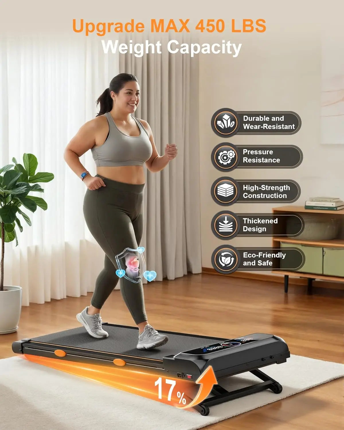 3.5HP Walking Pad Treadmill with 17 Percent Auto Incline, 12 Levels, 450 lb Capacity, RGB UI Screen, 3‑in‑1 Under‑Desk Auto‑Incline Treadmill