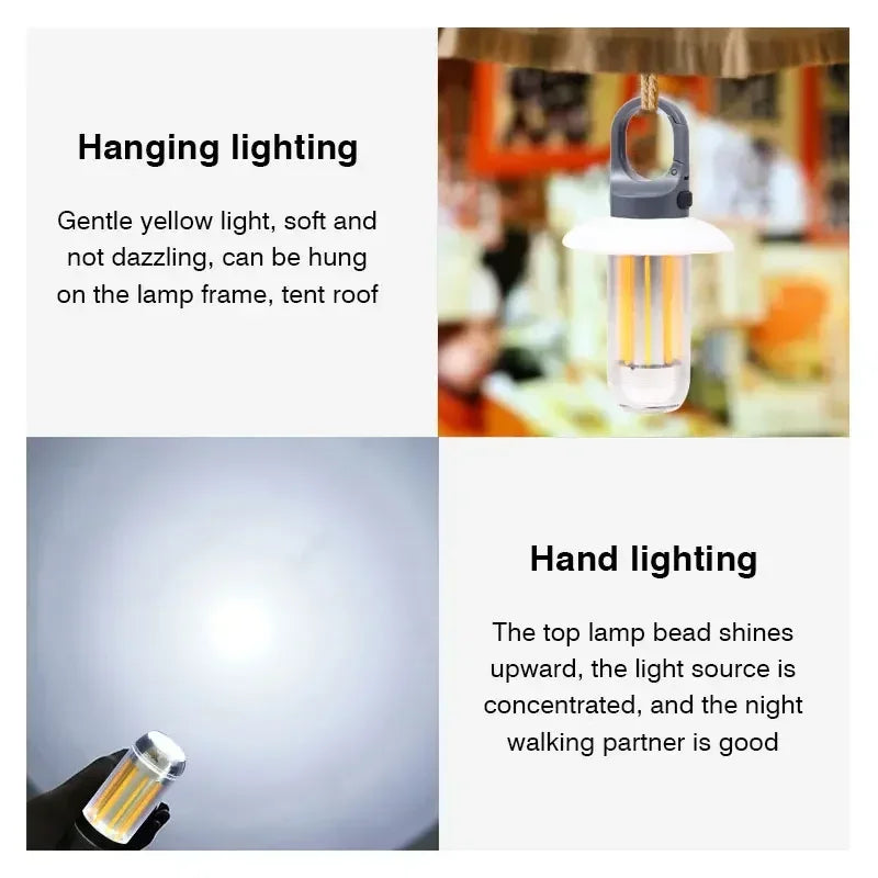Camping Light Lightweight Handheld Torch 5 Lighting Modes Rechargeable Tent Lamp for Patio Climbing with 8 Light Filaments