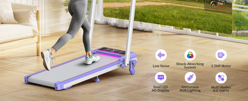 Folding Walking Pad with 15 Percent Incline, RGB Lighting, Dual‑Screen Display, 3.5HP Home Treadmill with 350 lb Capacity and Smart App Integration