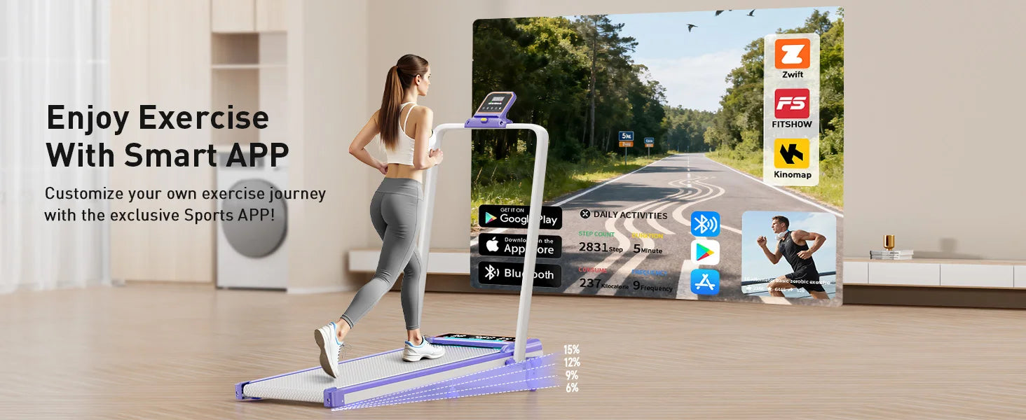 Folding Walking Pad with 15 Percent Incline, RGB Lighting, Dual‑Screen Display, 3.5HP Home Treadmill with 350 lb Capacity and Smart App Integration