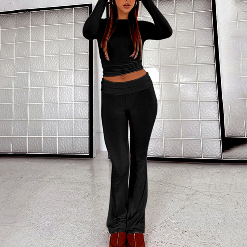Women’s 2 Piece Lounge Set Fold Over Flare Pants and Cropped Top Slim Fit Casual Pajama Outfit