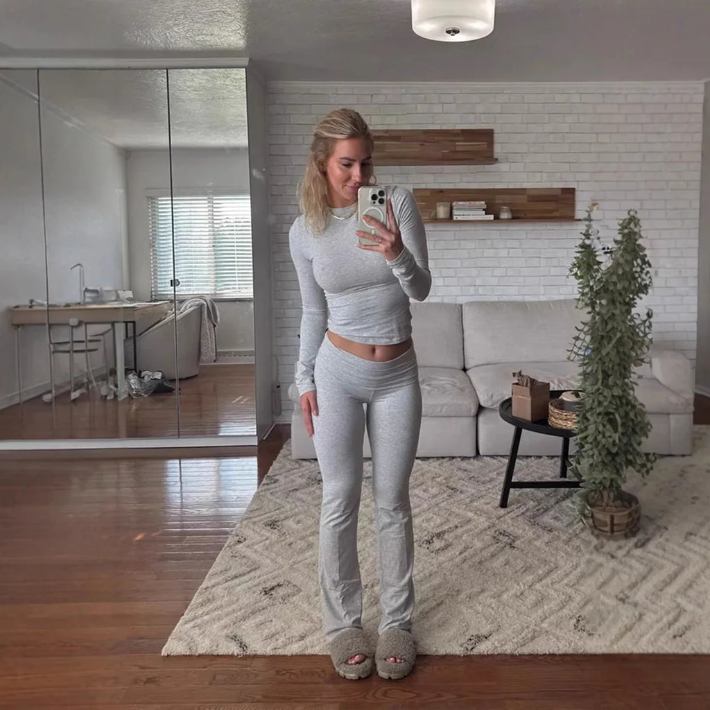 New Women’s Fashion Two‑Piece Set Top and Pants High Waist Long Pants Short or Long Sleeve Round Neck T‑Shirt Spring Autumn Summer