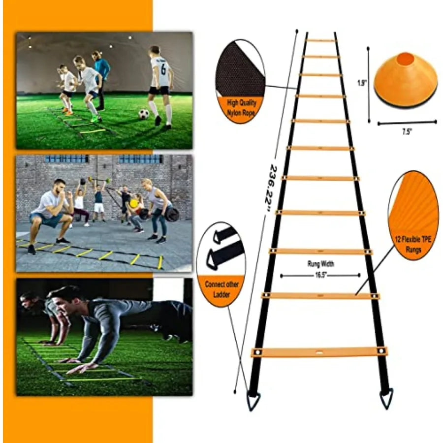 Agility Ladder Set 20ft with 4 Hurdles 12 Cones Jump Rope and Running Parachute Complete Speed and Agility Training Kit