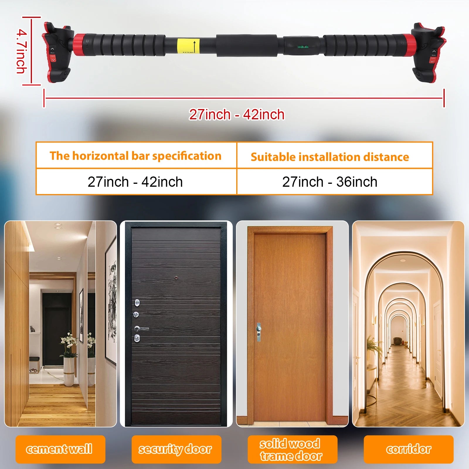 Pull Up Bar for Doorway Chin Up Bar with No Screws Wall Mount Non Slip Adjustable Pull Up Bar