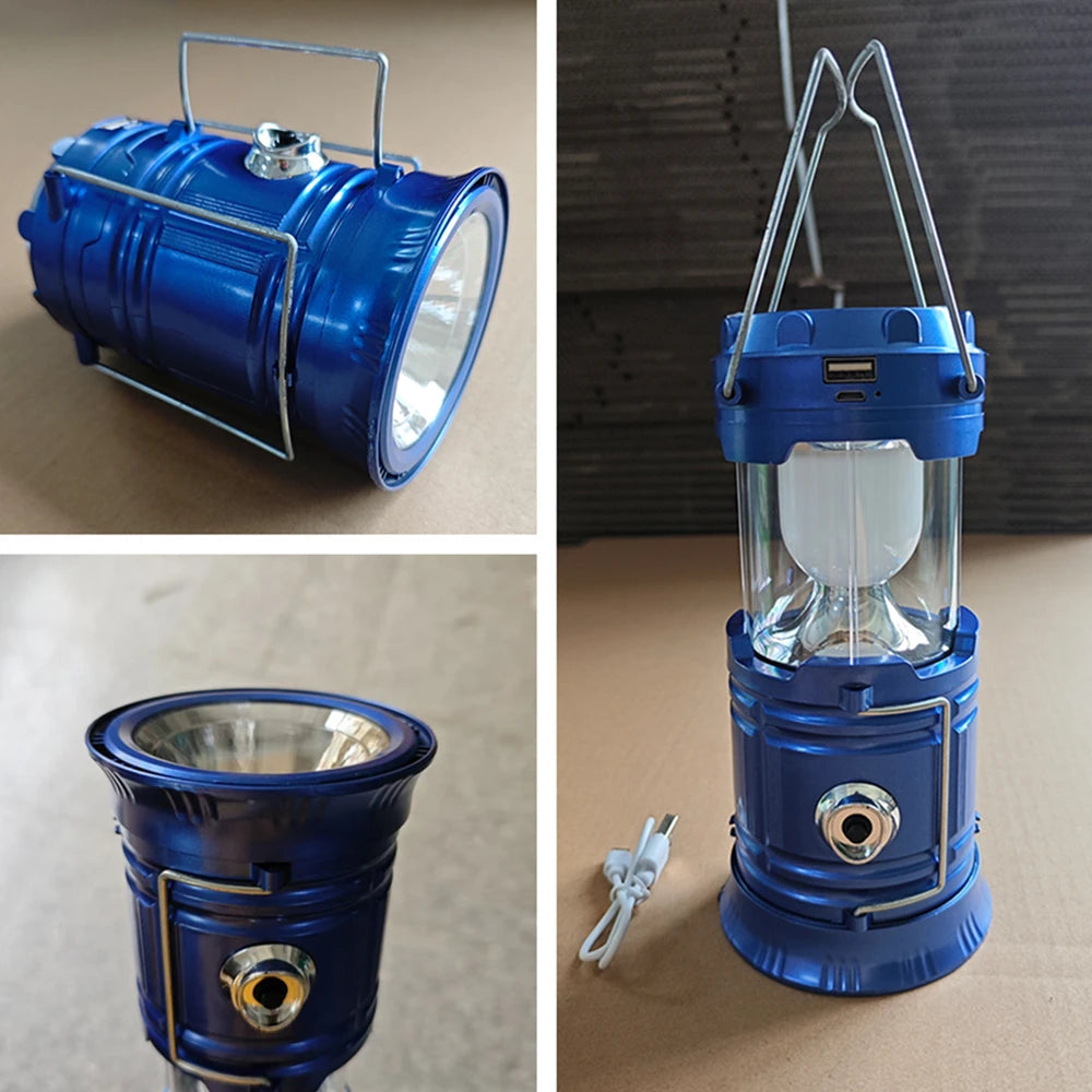 Solar Camping Lamp Portable Telescopic USB Rechargeable Lantern Flashlight Emergency Hanging Lamp Waterproof Outdoor Light