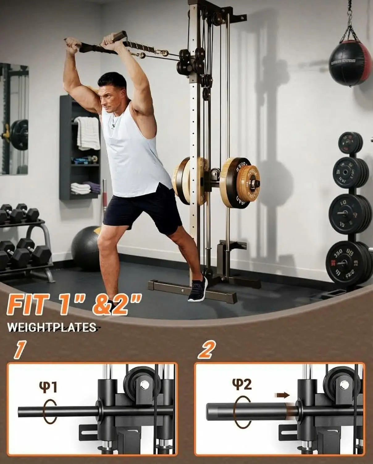 Wall Mount Cable Station Dual Pulley Cable Crossover Machine LAT Pulldown Bar and Foot Board for Home Gym Strength Training