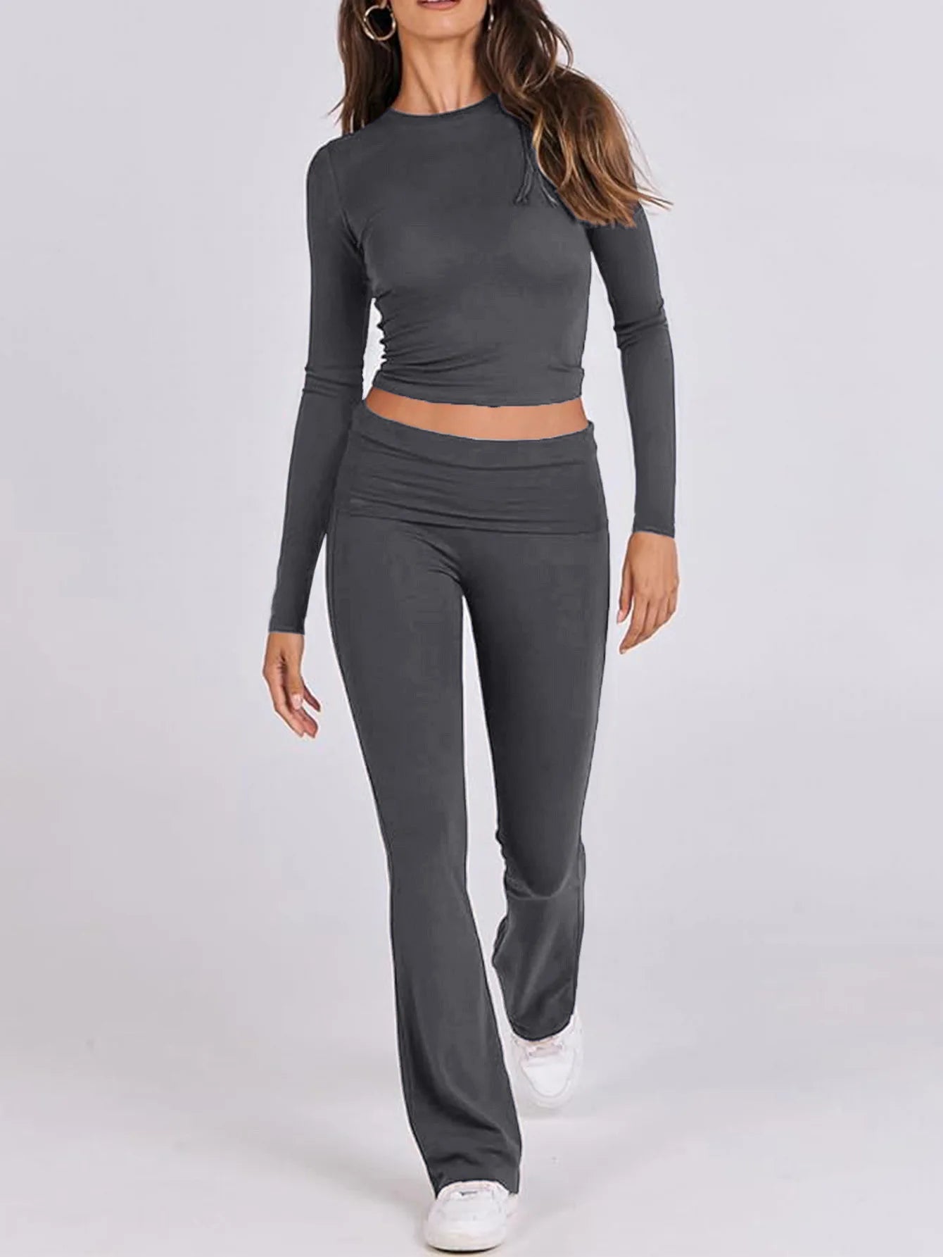 Women’s Casual Long Sleeve Knitted Pants Set Pure Color Slim Fit Spring Summer Fashionable Commute Style Ladies Suit