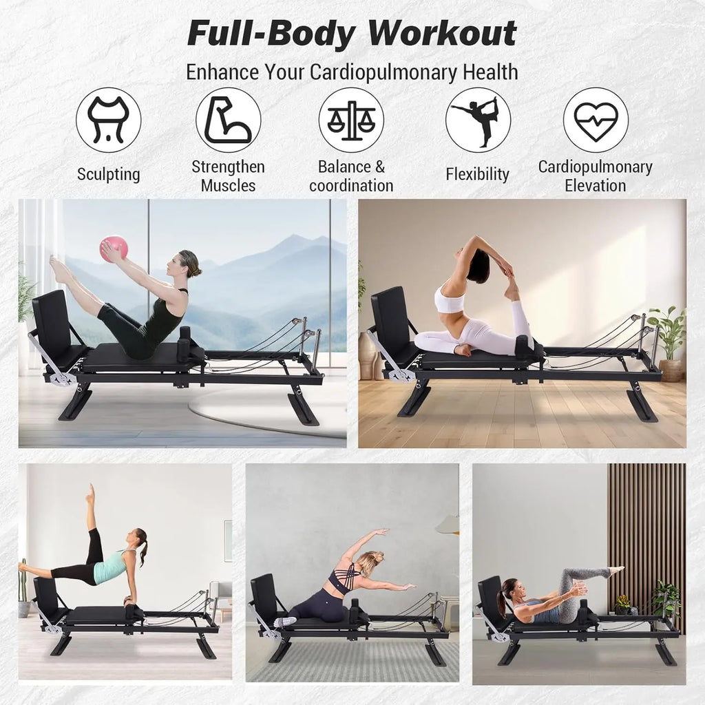 Foldable Reformer Pilates Machine – Adjustable Reformer Heights, Piano‑Wire Spring System & Jump Board for Home Pilates Training