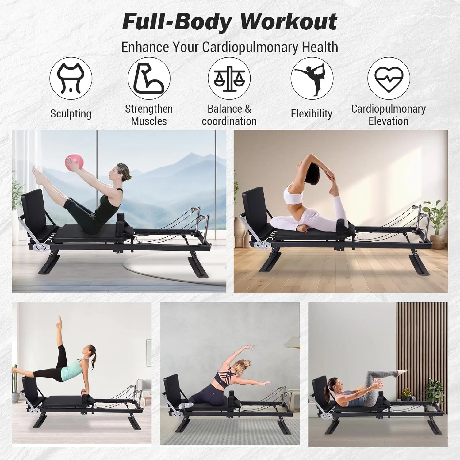 Foldable Reformer Pilates Machine – Adjustable Reformer Heights, Piano‑Wire Spring System & Jump Board for Home Pilates Training