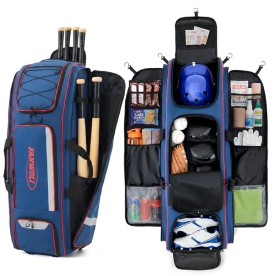100L Rolling Baseball Catchers Gear Bag Large Softball Equipment Duffle with Wheels Locker Style Organizer with 5 Fence Hooks