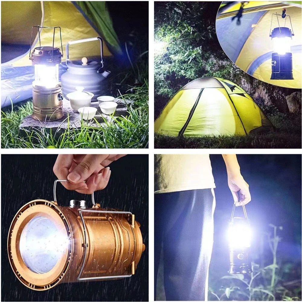 Solar Camping Lamp Portable Telescopic USB Rechargeable Lantern Flashlight Emergency Hanging Lamp Waterproof Outdoor Light