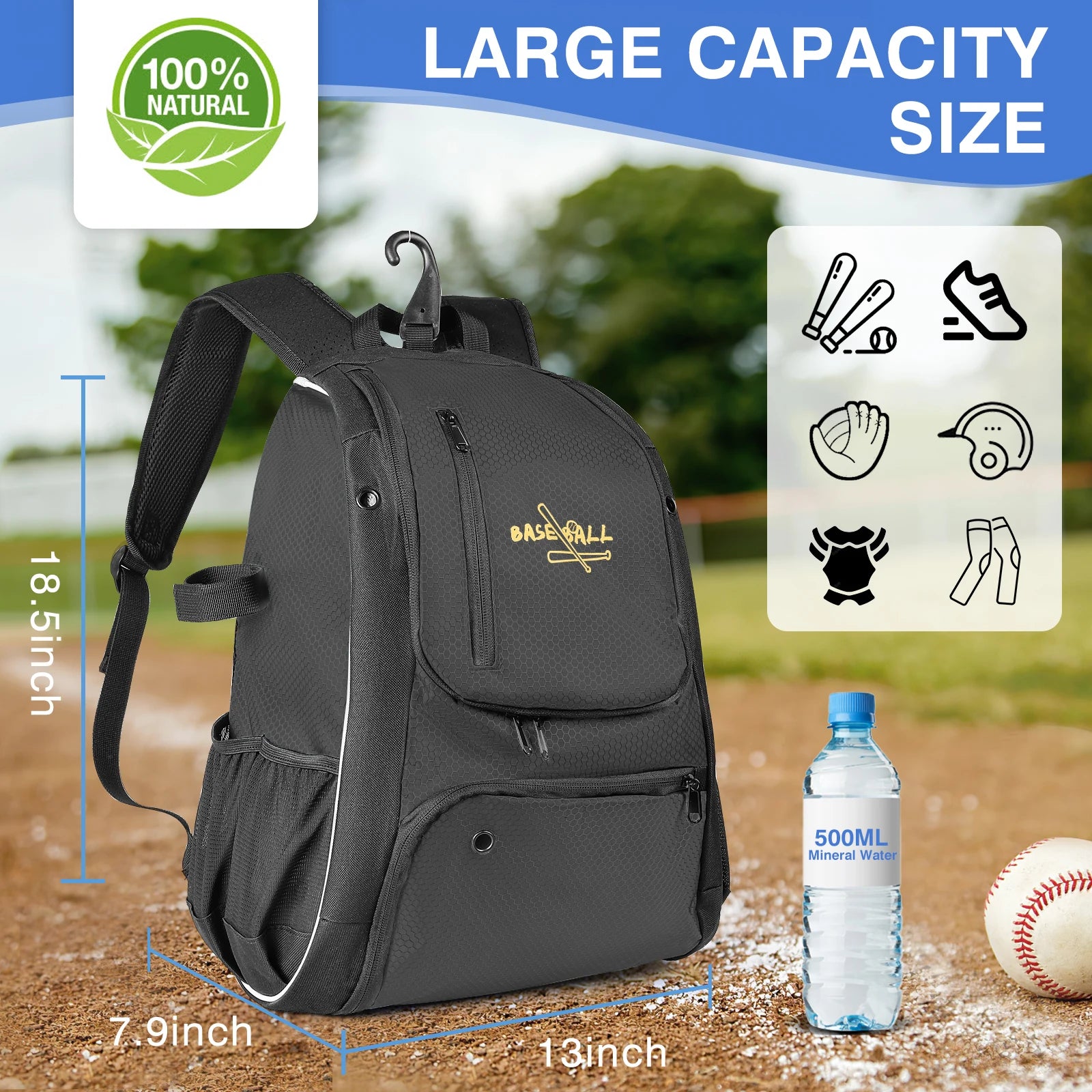 Baseball Bag Softball Bag Waterproof Backpack Shoulder Sport Bag for Youth Boys Girls Adults with Fence Hook Ball Bat Batting Glove Gear