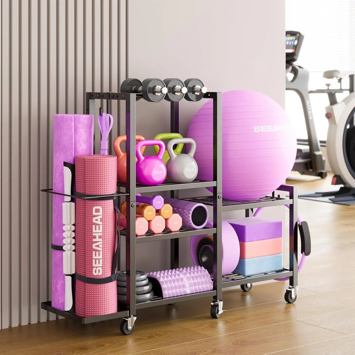 6 Tier Adjustable Gym Storage Rack with Wheels for Dumbbells Yoga Mats and Fitness Equipment