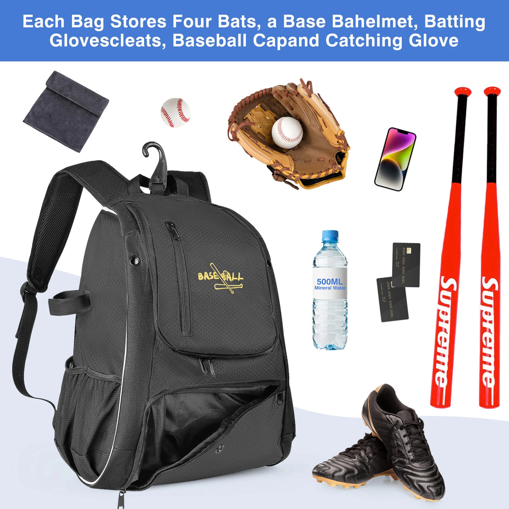 Baseball Bag Softball Bag Waterproof Backpack Shoulder Sport Bag for Youth Boys Girls Adults with Fence Hook Ball Bat Batting Glove Gear