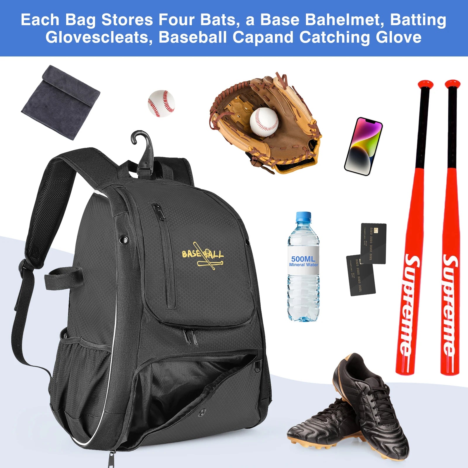 Baseball Bag Softball Bag Waterproof Backpack Shoulder Sport Bag for Youth Boys Girls Adults with Fence Hook Ball Bat Batting Glove Gear