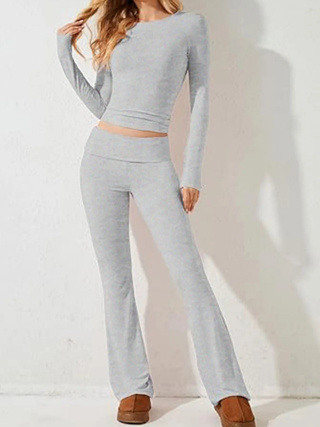 Women’s Casual Long Sleeve Knitted Pants Set Pure Color Slim Fit Spring Summer Fashionable Commute Style Ladies Suit