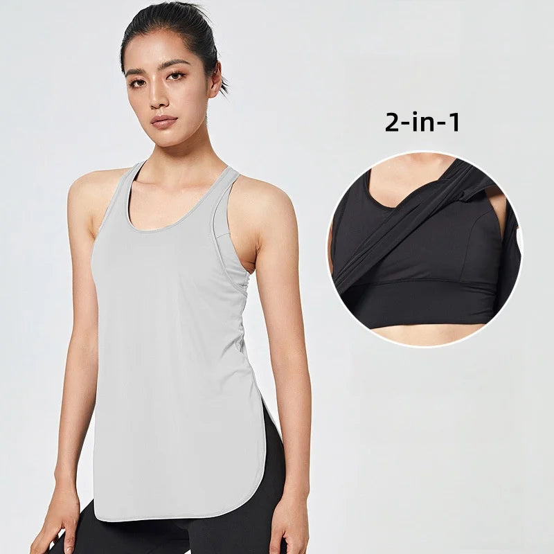 Fitness Yoga Gym Women Tank Crop Top with Bra Sleeveless Shirt Vest Running Quick Dry Sportswear One Piece Workout Clothing