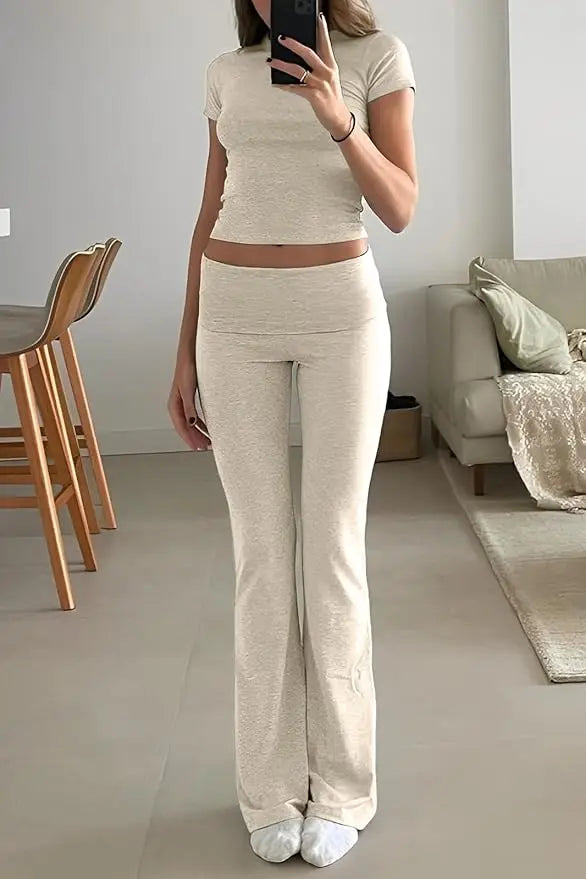 Womens Two-Piece Yoga Set, Short-Sleeved Top, Flared Pants