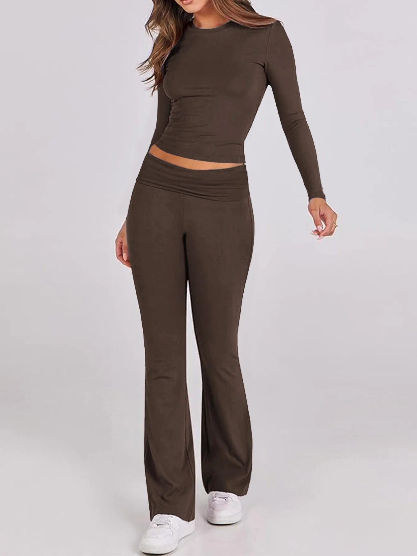 Women’s Casual Long Sleeve Knitted Pants Set Pure Color Slim Fit Spring Summer Fashionable Commute Style Ladies Suit