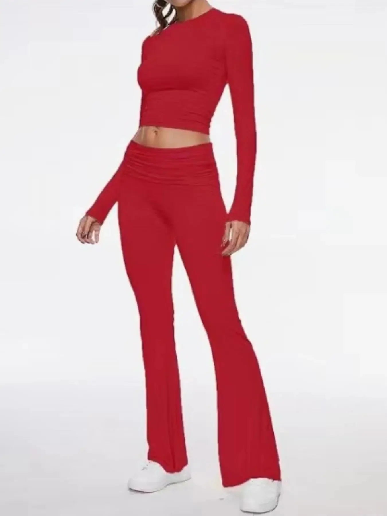 Women’s Long Sleeve Top and Flared Pants Set Fashionable Stylish Polyester Fiber