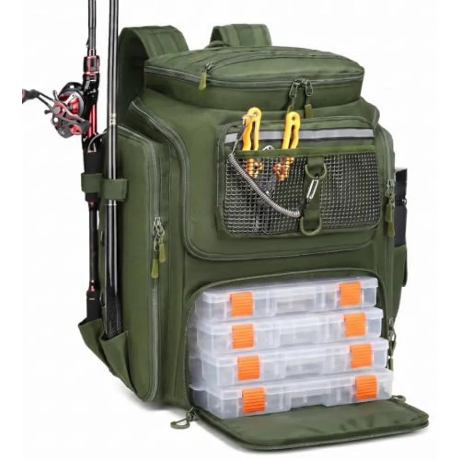 Fishing Backpack 45L Water Resistant Gear Bag with Rod Holders and Large Capacity for Travel and Outdoor Use