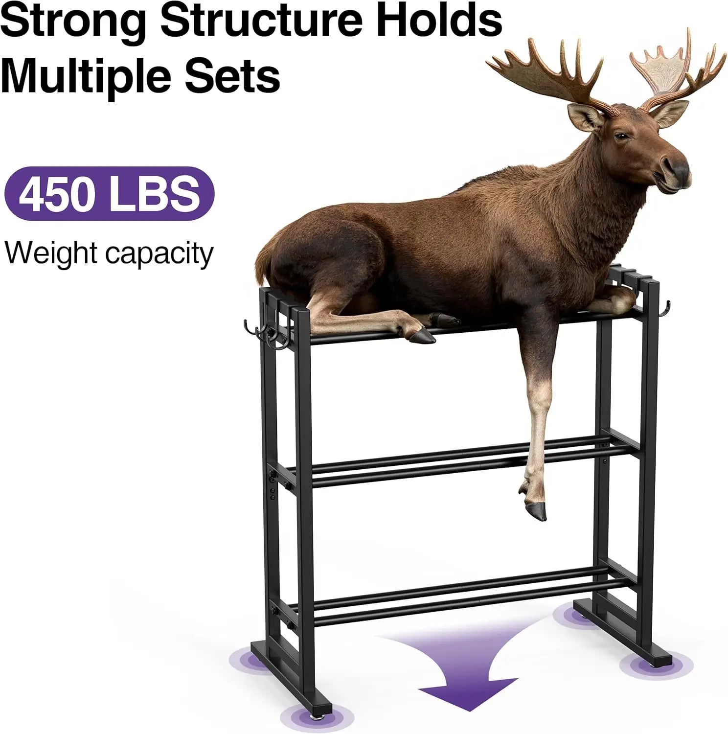 3 Tier Adjustable Dumbbell Rack with Hooks, Extended Base Home Gym Storage, Holds 450lb, Space Saving Organizer