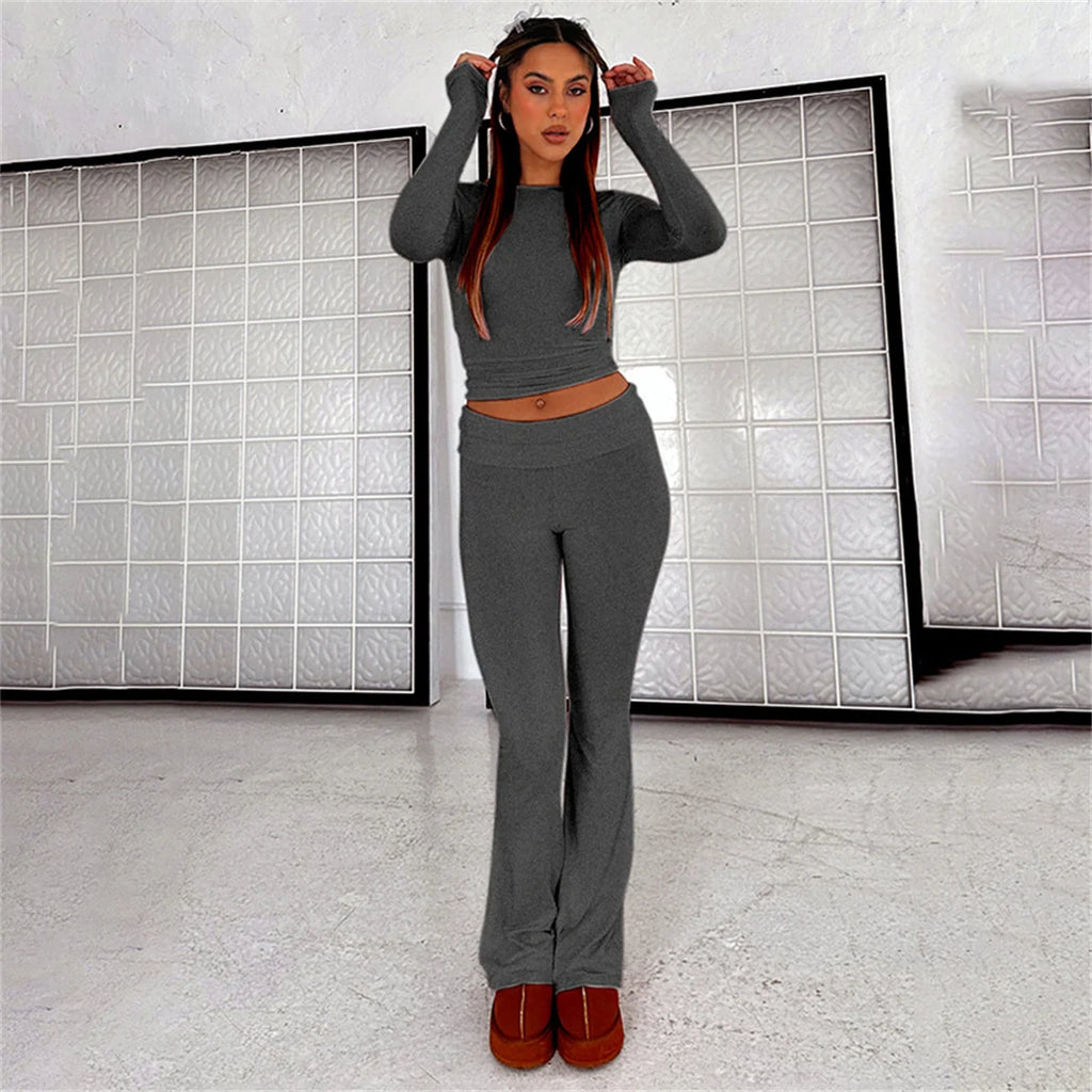 Women’s 2 Piece Lounge Set Fold Over Flare Pants and Cropped Top Slim Fit Casual Pajama Outfit