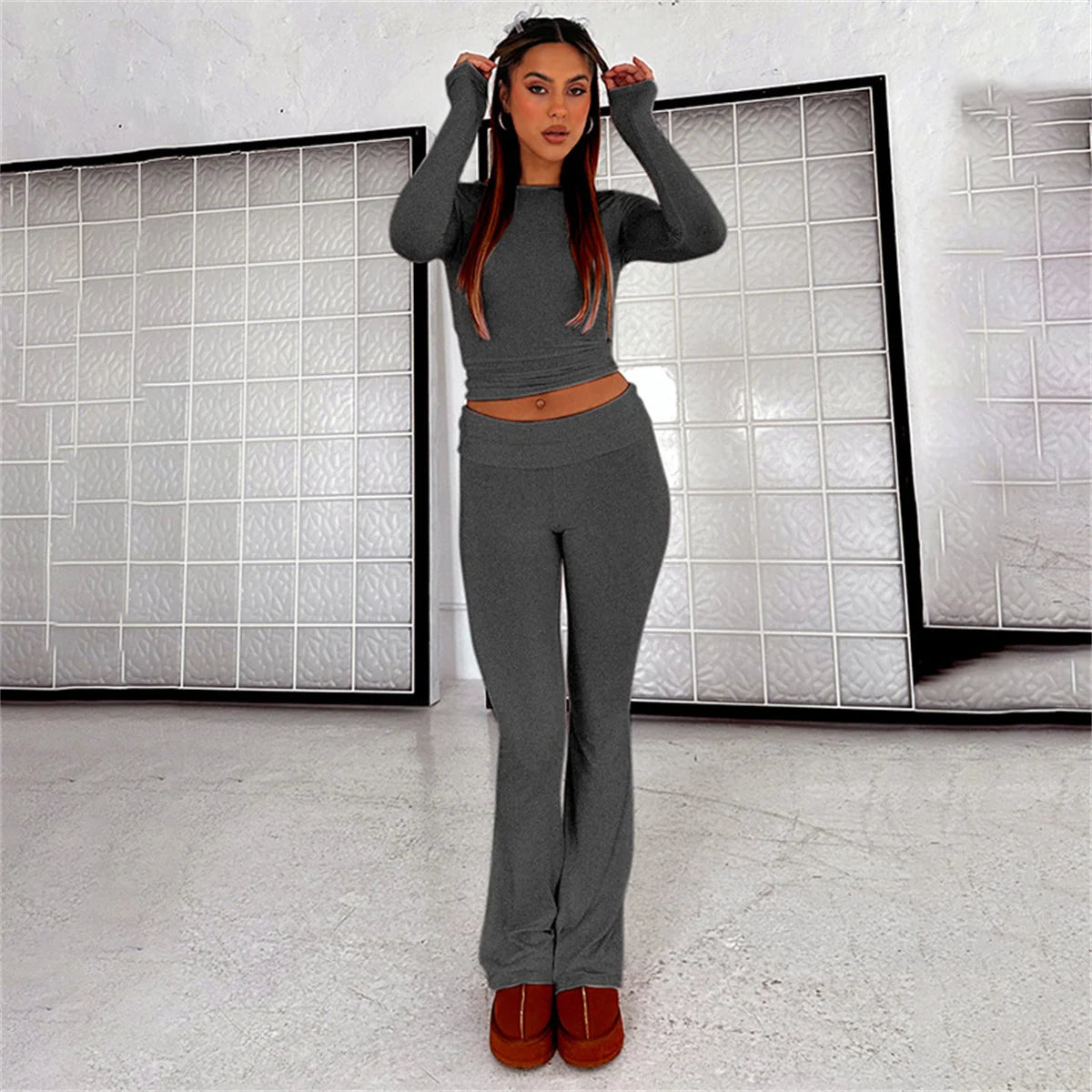 Women’s 2 Piece Lounge Set Fold Over Flare Pants and Cropped Top Slim Fit Casual Pajama Outfit