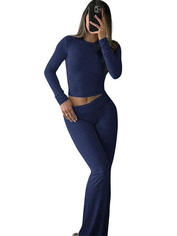 Autumn New Round Neck Short Fit Long Sleeve T Shirt Mildly Spicy Pants Casual Sports Yoga Two Piece Set Women’s Fashion