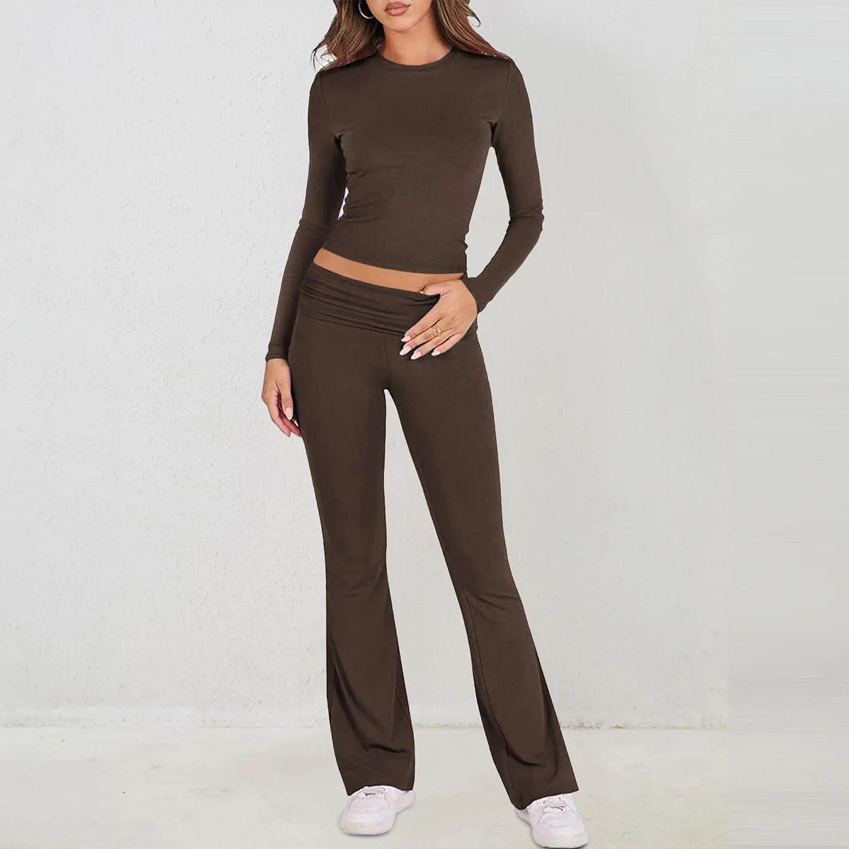 Women’s Casual Long Sleeve Knitted Pants Set Pure Color Slim Fit Spring Summer Fashionable Commute Style Ladies Suit