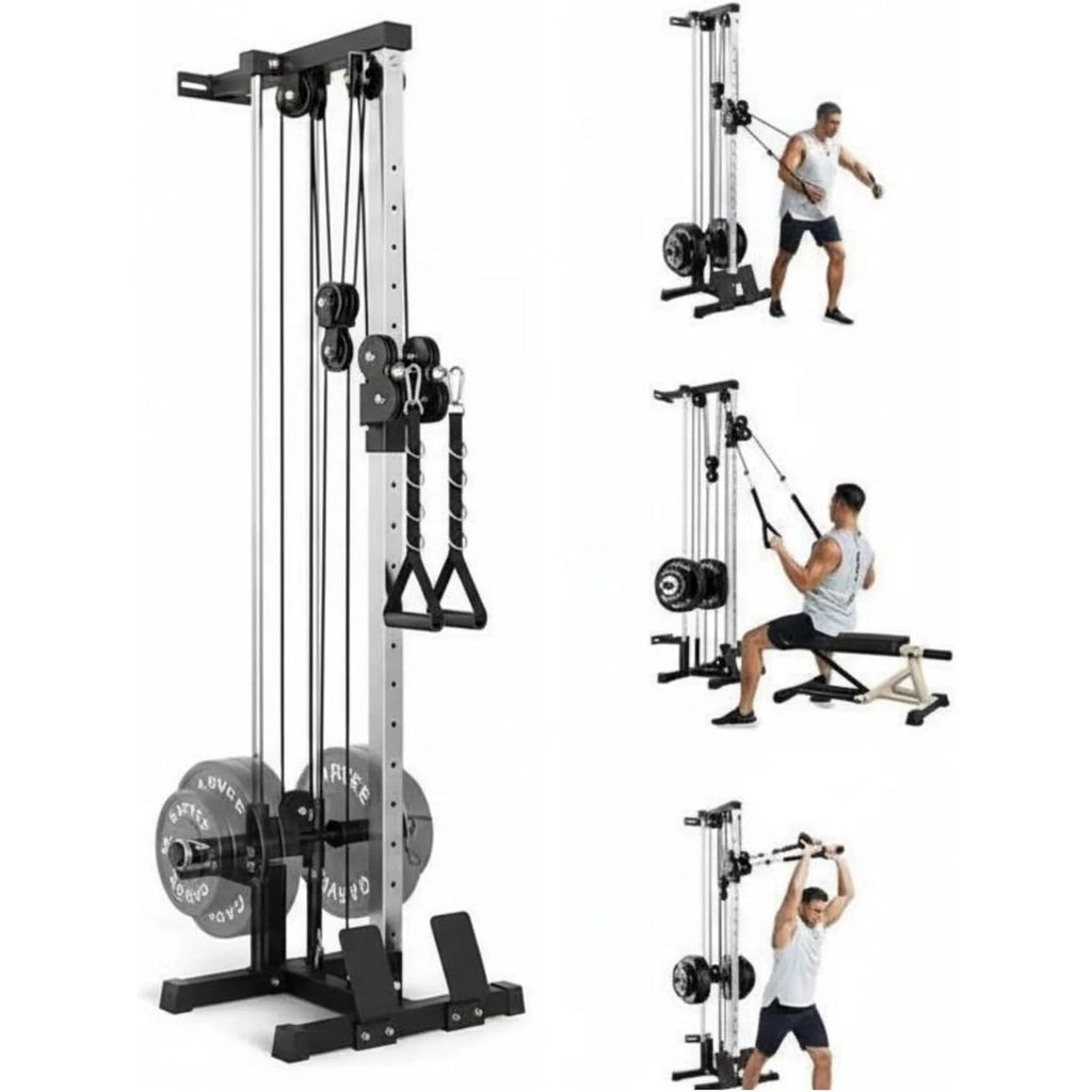 Wall Mount Cable Station Dual Pulley Cable Crossover Machine LAT Pulldown Bar and Foot Board for Home Gym Strength Training