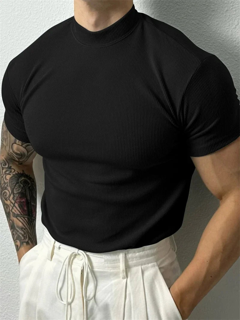 Mens Small High Collar Stripe T Shirt Short Sleeve Fitness Top Casual Sport T Shirt