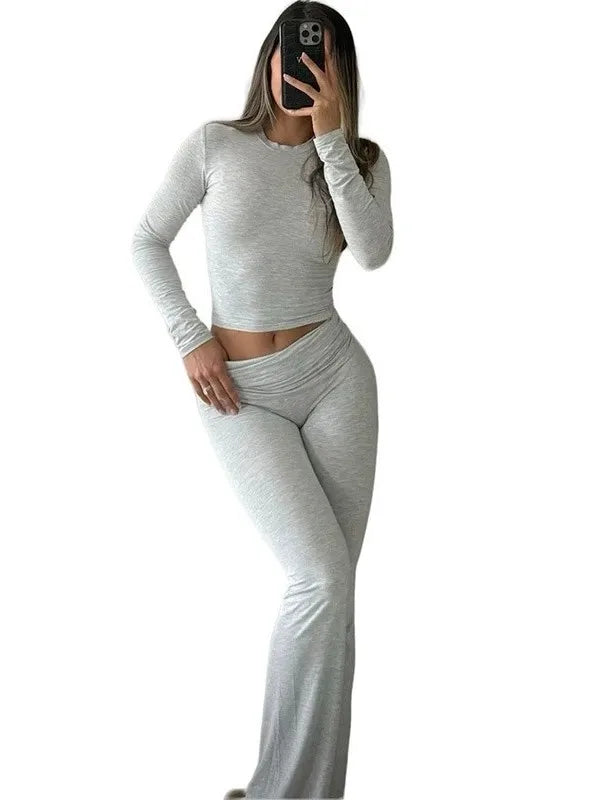 Autumn New Round Neck Short Fit Long Sleeve T Shirt Mildly Spicy Pants Casual Sports Yoga Two Piece Set Women’s Fashion