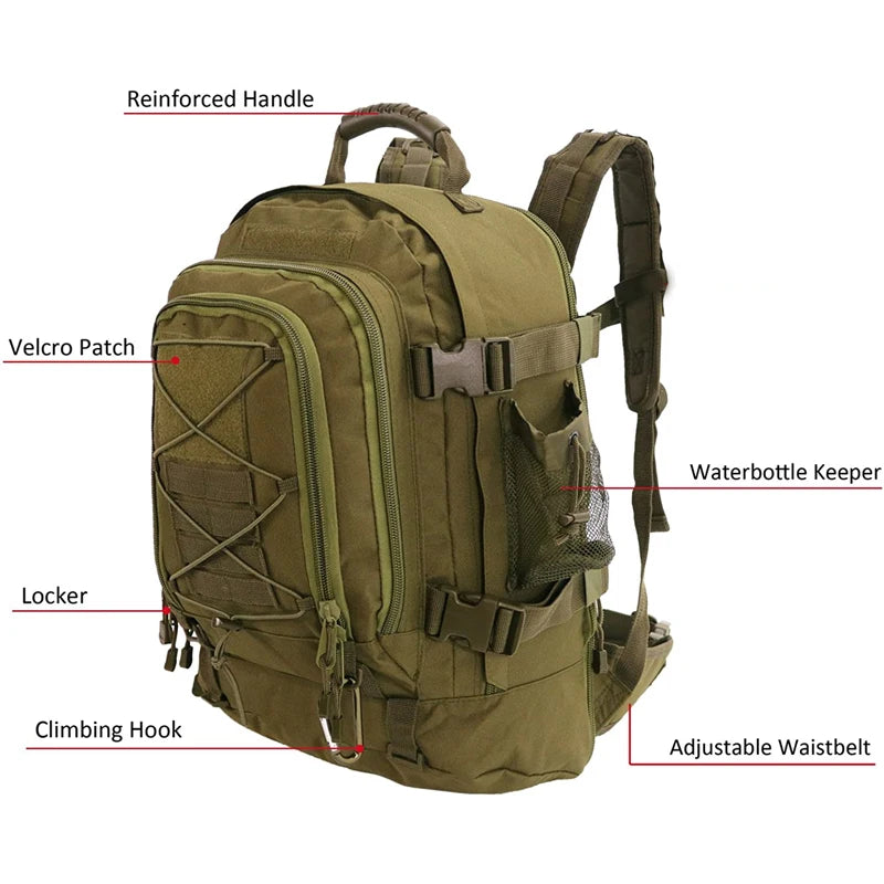 65L Outdoor Tactical Backpack Men’s Hiking Bag Large Capacity Military Army Travel Camping Rucksack