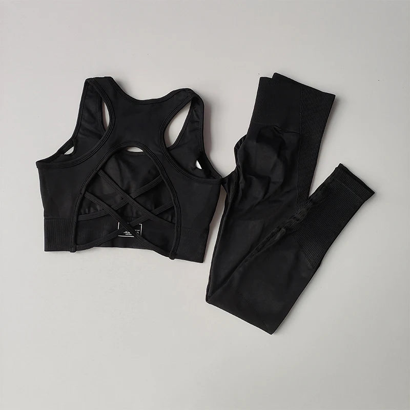 2PCS Sports Bra Women Set Professional Fitness Tank Top Bra Shockproof Running Leggings Yoga Suit Beautiful Back Bra Clothing