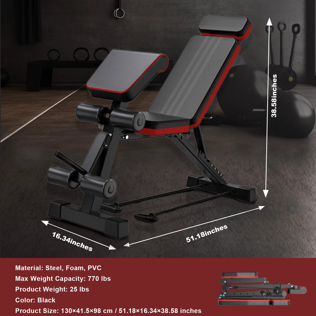 7 Level Foldable Weight Bench with Adjustable Leg Extension and Extended Headrest designed for Dumbbell Training and Full Body Strength Work