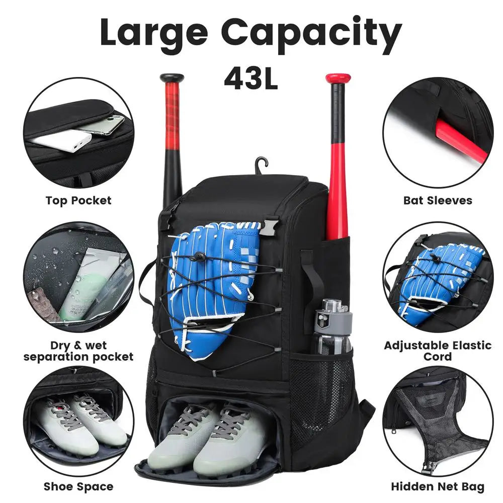 Baseball Equipment Bag Baseball Backpack with Shoe Compartment Lightweight Youth Softball Bat Bag and Bat Backpack
