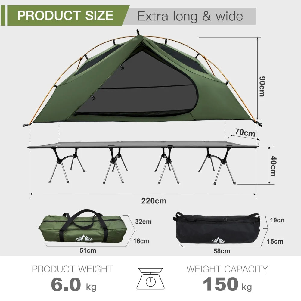Elevated Camping Cot Tent with 16 Legs Heavy Duty Off Ground Tent for 1 Person Rainfly Quick Setup for Fishing Hunting Beach
