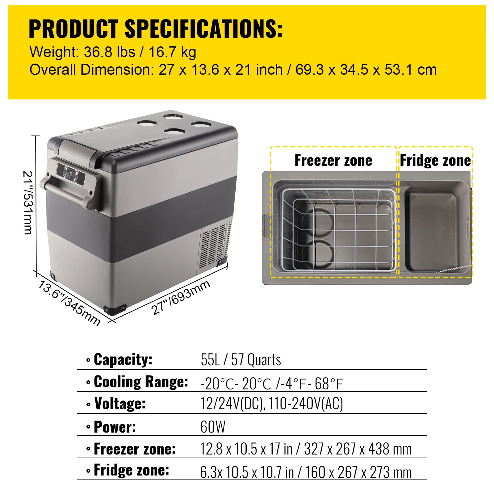 55L Car Refrigerator Mini Fridge Freezer Portable Compressor Cooler DC 110 to 240V Ice Box for Camping and Picnic
