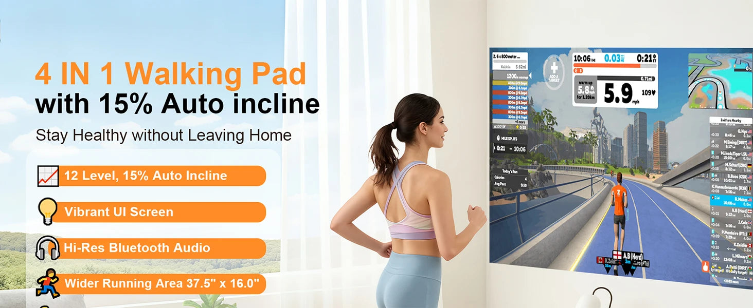 3.5HP Walking Pad Treadmill with 17 Percent Auto Incline, 12 Levels, 450 lb Capacity, RGB UI Screen, 3‑in‑1 Under‑Desk Auto‑Incline Treadmill